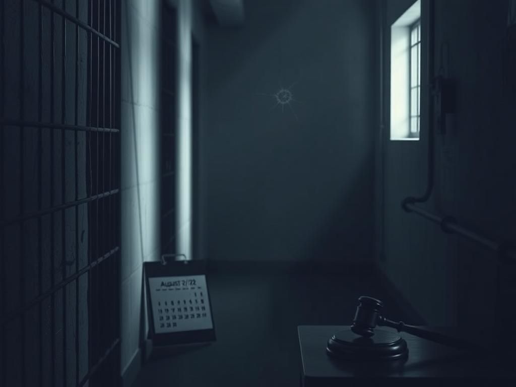 Flick International A dimly lit prison hallway with heavy metal bars and shadows highlighting a sense of confinement