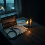 Flick International A weathered wooden desk cluttered with medical papers and a stethoscope in a dimly lit room.