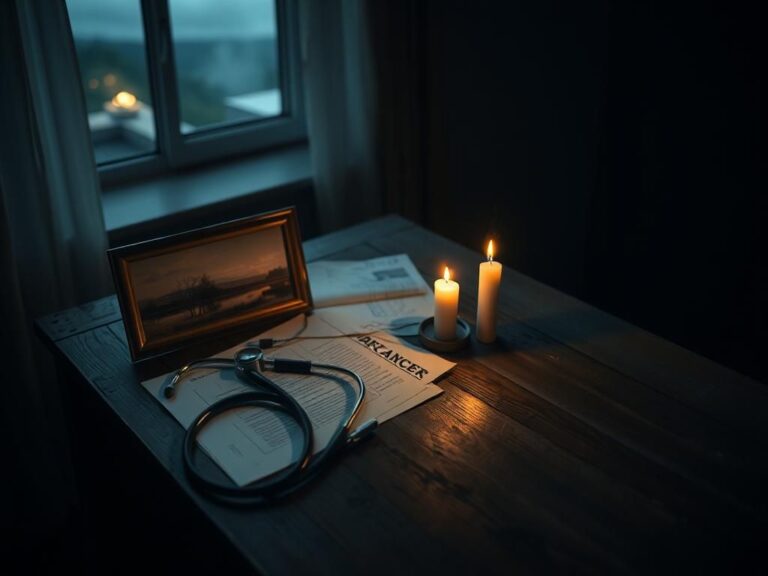 Flick International A weathered wooden desk cluttered with medical papers and a stethoscope in a dimly lit room.