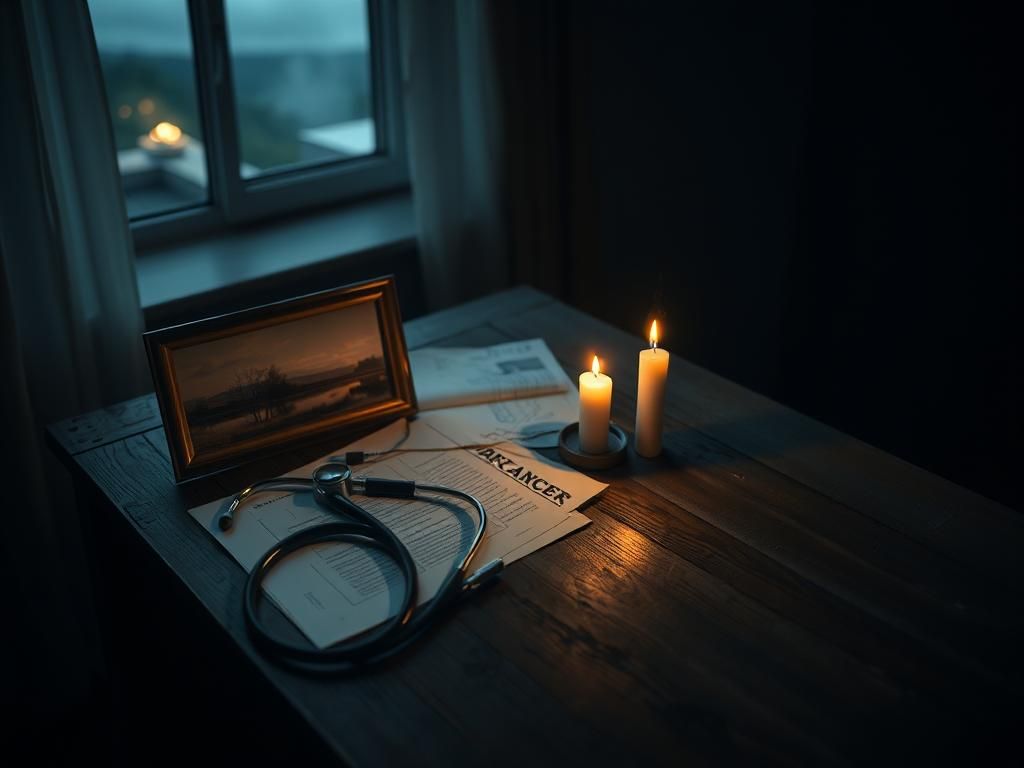 Flick International A weathered wooden desk cluttered with medical papers and a stethoscope in a dimly lit room.