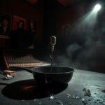 Flick International Dimly lit recording studio showcasing shadows and an abandoned skillet signifying past violence.