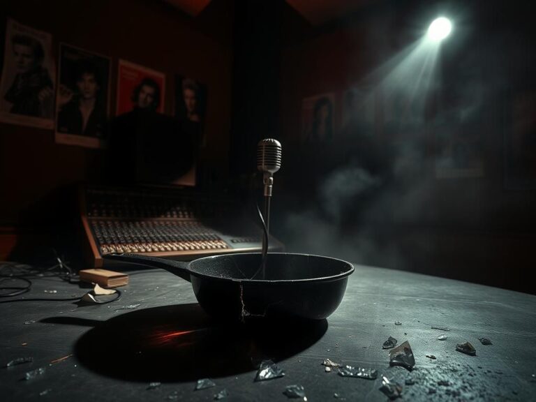 Flick International Dimly lit recording studio showcasing shadows and an abandoned skillet signifying past violence.