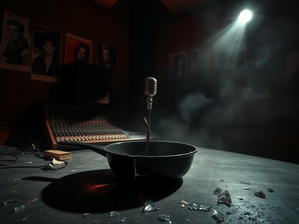 Flick International Dimly lit recording studio showcasing shadows and an abandoned skillet signifying past violence.