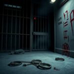Flick International Dark jail cell with rusted bars and broken shackles on concrete floor symbolizing escape