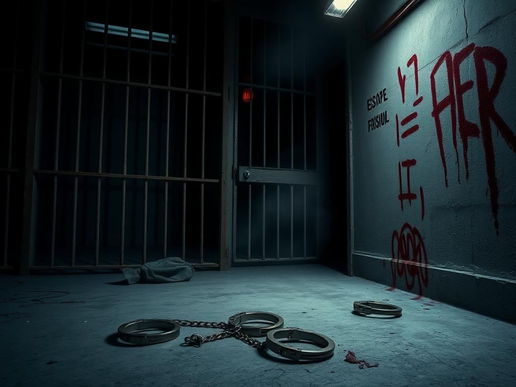 Flick International Dark jail cell with rusted bars and broken shackles on concrete floor symbolizing escape