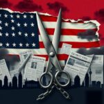 Flick International A digital collage illustrating the erosion of press freedom in the U.S., featuring a fraying American flag and newspaper scissors cutting chains.