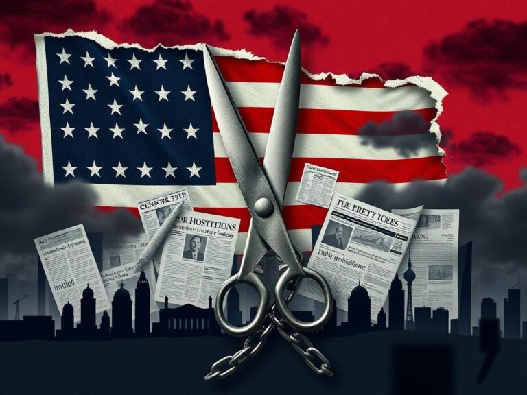 Flick International A digital collage illustrating the erosion of press freedom in the U.S., featuring a fraying American flag and newspaper scissors cutting chains.
