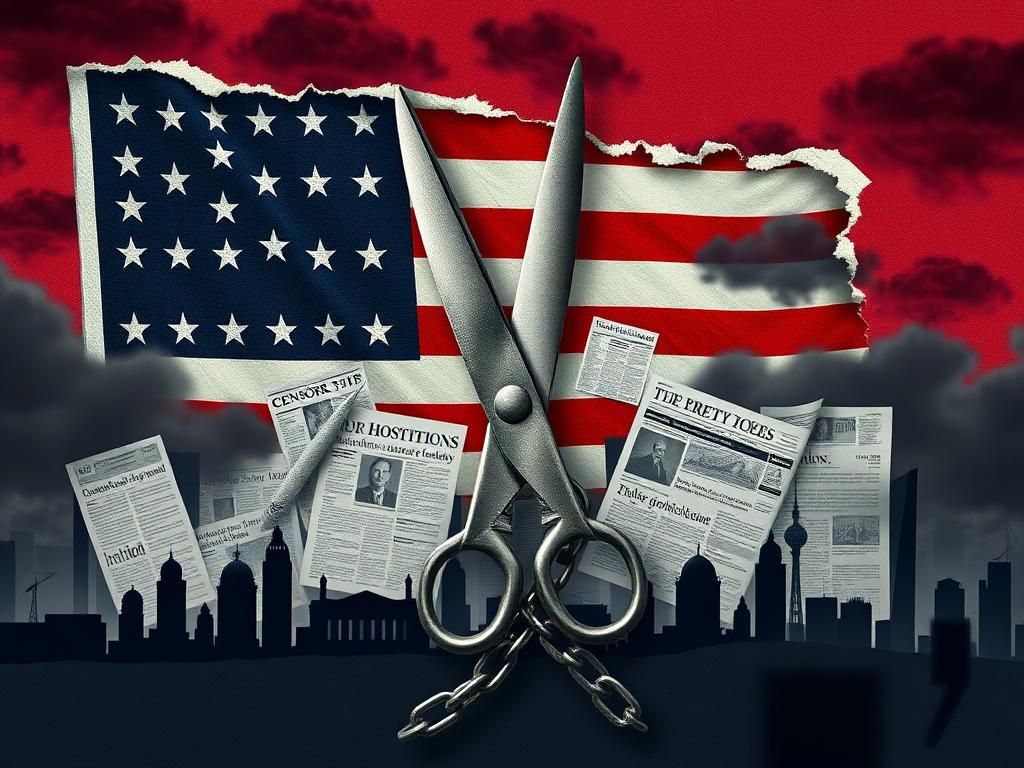 Flick International A digital collage illustrating the erosion of press freedom in the U.S., featuring a fraying American flag and newspaper scissors cutting chains.