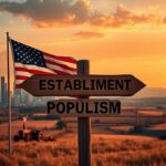 Flick International Vintage American flag waving against a modern skyline and rustic countryside.