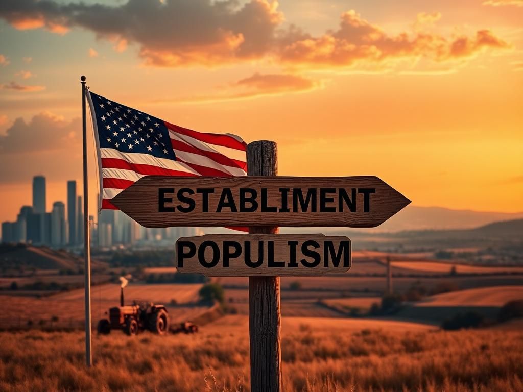 Flick International Vintage American flag waving against a modern skyline and rustic countryside.