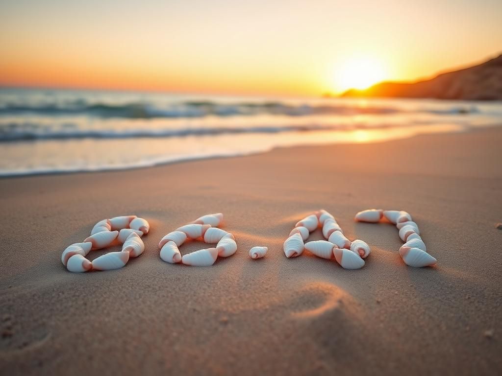Flick International Close-up arrangement of seashells in the sand forming the numbers '86 47' at sunset
