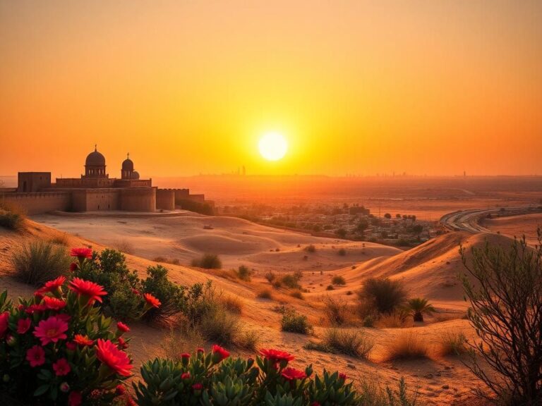 Flick International Panoramic view of a sunlit Middle Eastern landscape with ancient and modern architecture