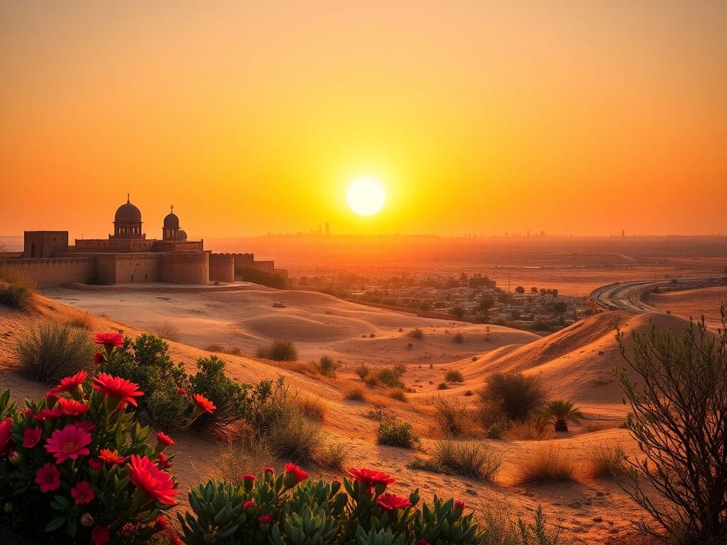 Flick International Panoramic view of a sunlit Middle Eastern landscape with ancient and modern architecture