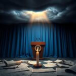 Flick International An empty presidential podium with a flickering candle, symbolizing hope amid uncertainty