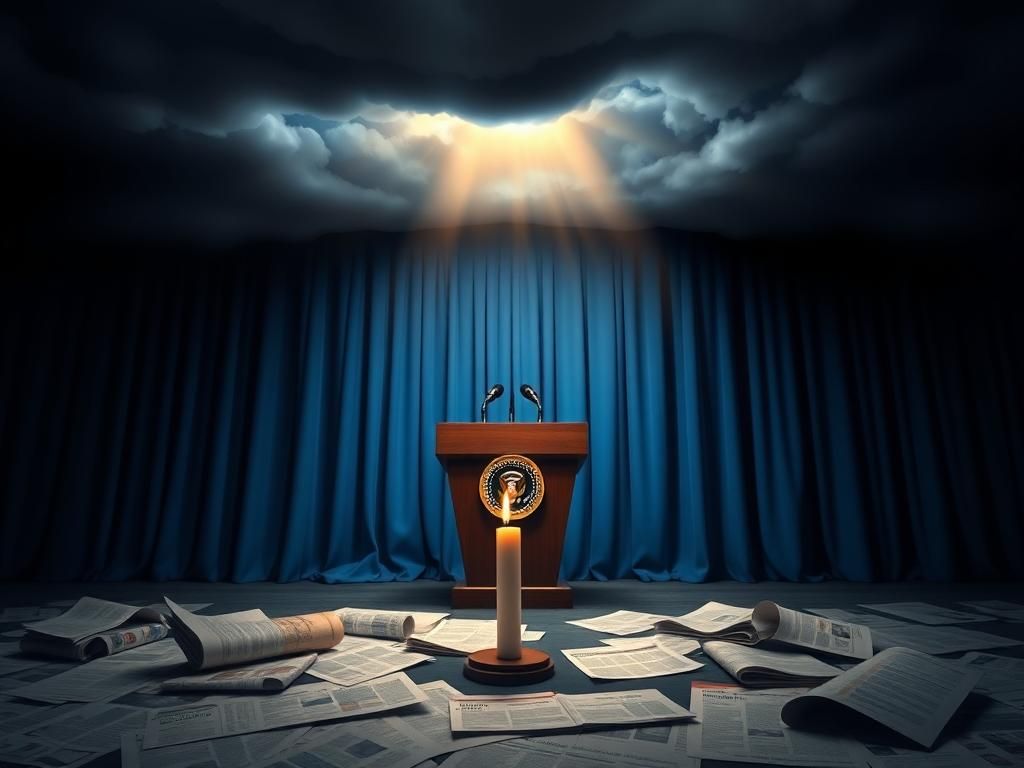 Flick International An empty presidential podium with a flickering candle, symbolizing hope amid uncertainty