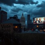 Flick International Dramatic urban landscape of Philadelphia at dusk with city landmarks and a weathered 'Vote Here' sign