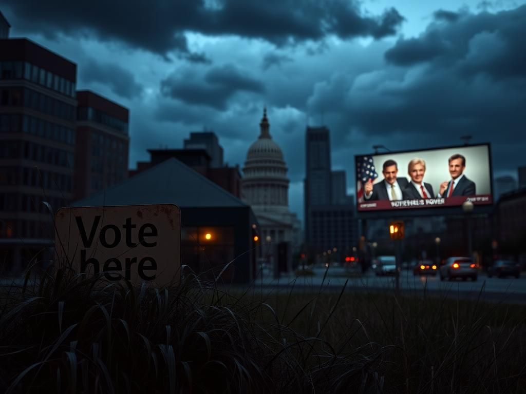 Flick International Dramatic urban landscape of Philadelphia at dusk with city landmarks and a weathered 'Vote Here' sign