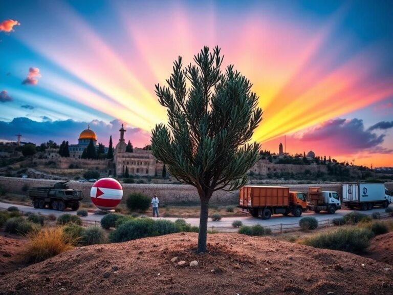 Flick International Panoramic view symbolizing peace in the Middle East with olive tree and Jerusalem skyline
