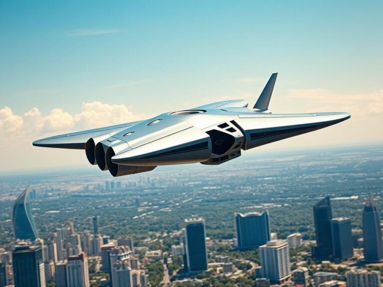 Flick International A sleek tri-ducted eVTOL jetpack hovering in a bright blue sky above a modern city.