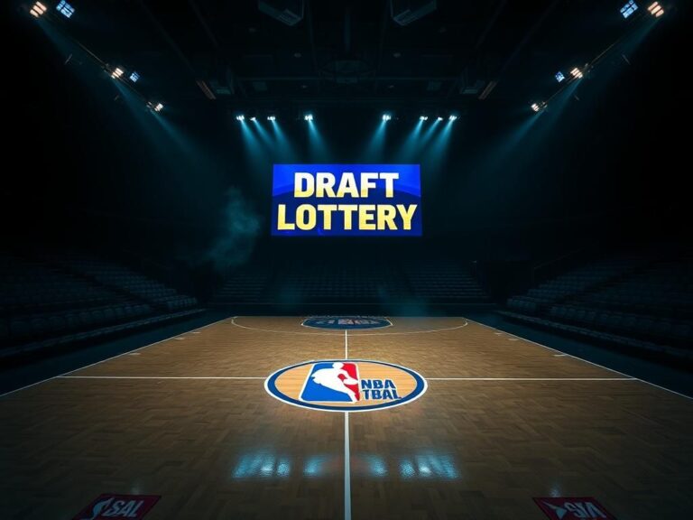 Flick International Empty NBA basketball court with Draft Lottery logo under dim lighting