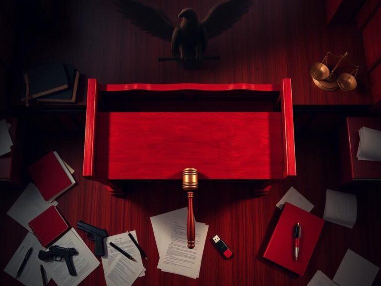 Flick International Dramatic courtroom scene with a gavel and legal documents representing a high-stakes murder case