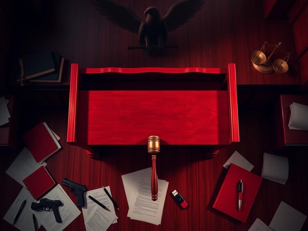 Flick International Dramatic courtroom scene with a gavel and legal documents representing a high-stakes murder case