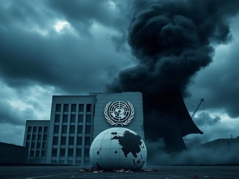 Flick International Dramatic depiction of the WHO headquarters shrouded in dark clouds and chaos