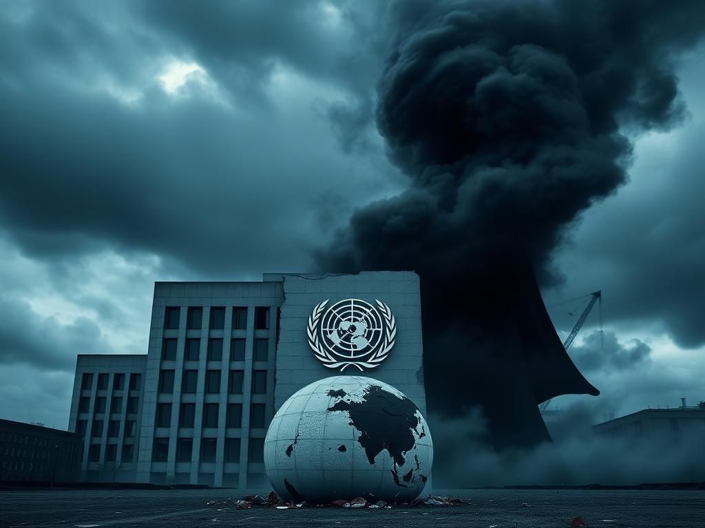 Flick International Dramatic depiction of the WHO headquarters shrouded in dark clouds and chaos