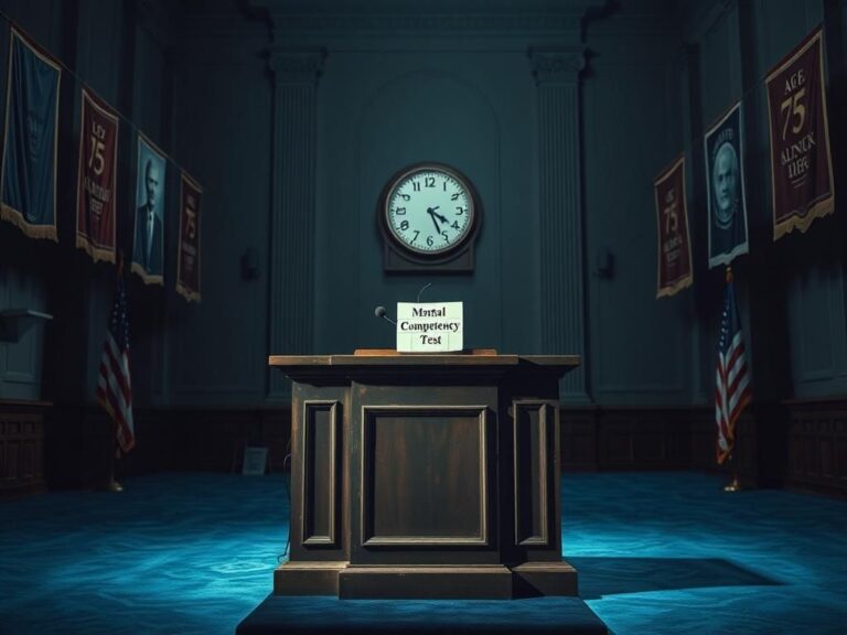 Flick International Weathered podium in a grand hall symbolizing political leadership and age competency debate