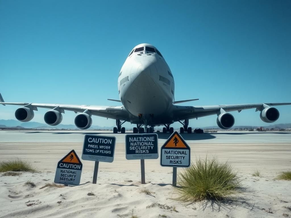 Flick International Abandoned Boeing 747 aircraft on tarmac under clear blue sky