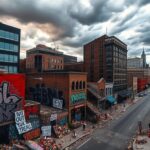 Flick International Aerial view of Minneapolis showcasing urban landscape after protests
