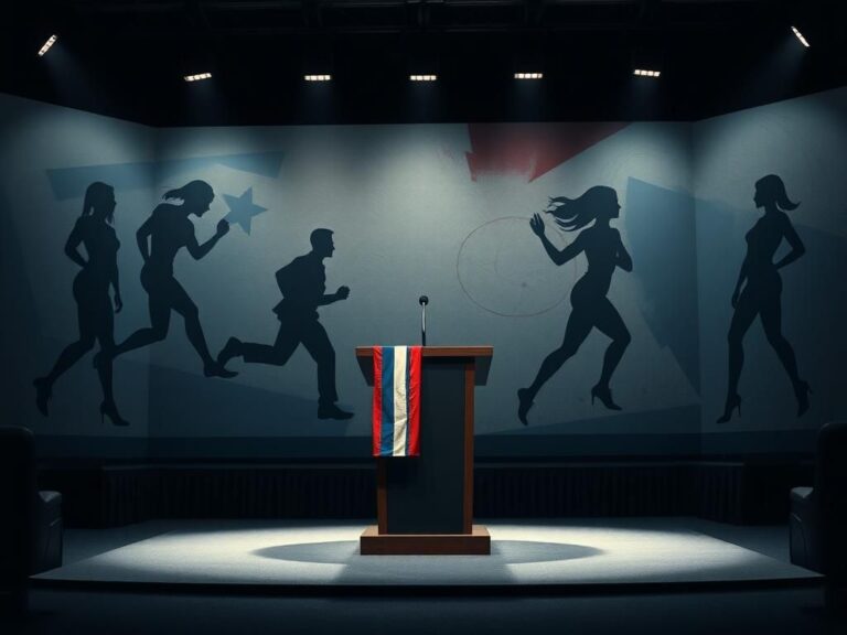 Flick International Dimly lit political debate stage with an empty podium and faded Democratic Party flag