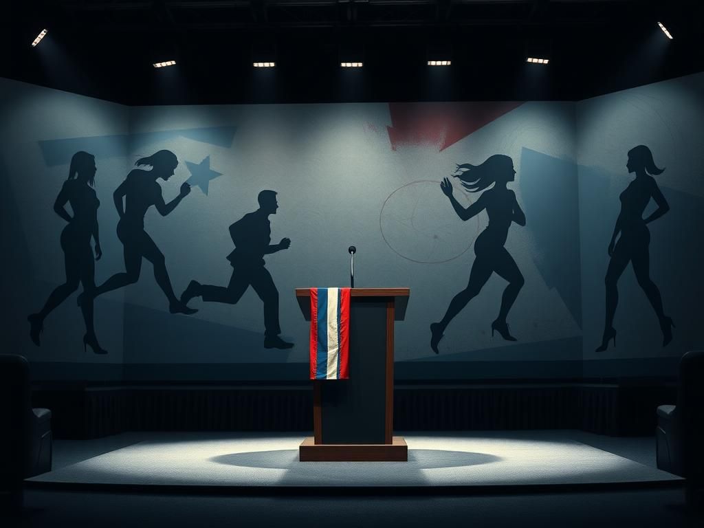 Flick International Dimly lit political debate stage with an empty podium and faded Democratic Party flag