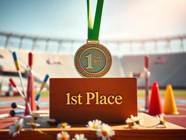 Flick International Close-up of a gold 1st place medal on a wooden podium in a California high school track stadium