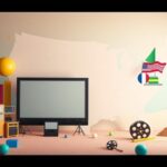 Flick International A whimsical landscape inspired by Wes Anderson's films with a vintage movie projection screen and colorful geometric props.