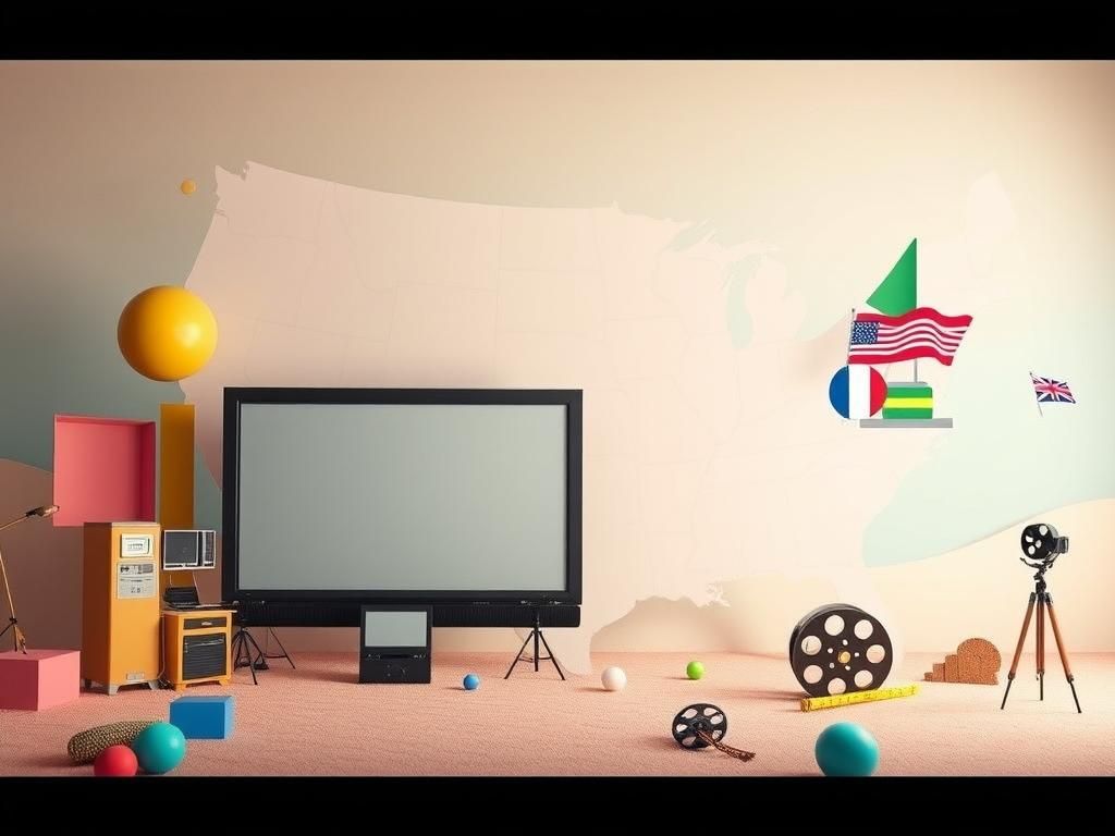 Flick International A whimsical landscape inspired by Wes Anderson's films with a vintage movie projection screen and colorful geometric props.