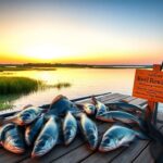 Flick International Invasive fish species including snakeheads and blue catfish displayed on a rustic dock at Baltimore Harbor
