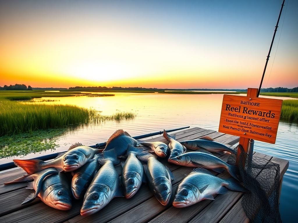 Flick International Invasive fish species including snakeheads and blue catfish displayed on a rustic dock at Baltimore Harbor