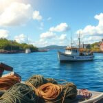 Flick International A rugged fishing boat bobbing in calm blue waters of a Maine harbor surrounded by greenery