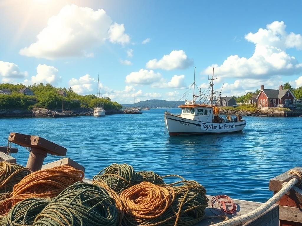 Flick International A rugged fishing boat bobbing in calm blue waters of a Maine harbor surrounded by greenery