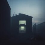 Flick International Somber early morning scene outside a prison with mist and a weathered prison wall