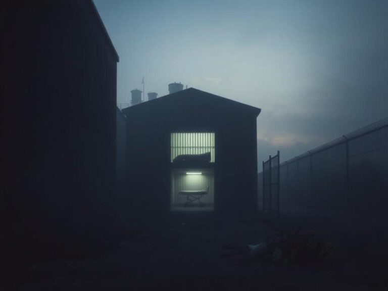 Flick International Somber early morning scene outside a prison with mist and a weathered prison wall