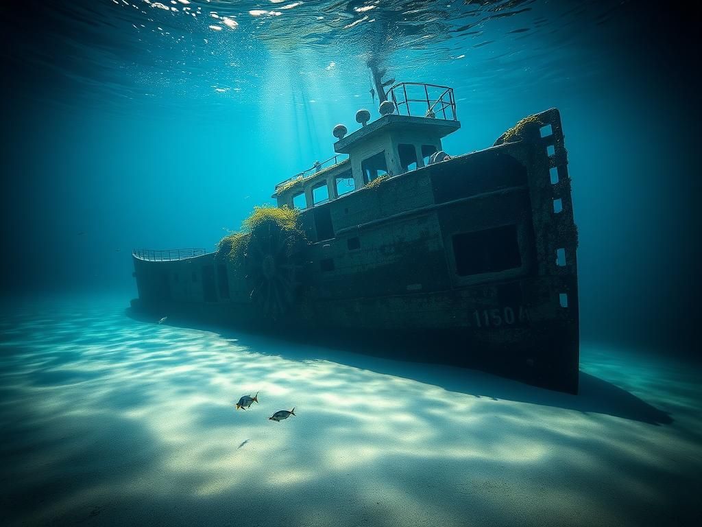 Flick International Historic J.C. Ames tugboat wreck lying on Lake Michigan's sandy lakebed