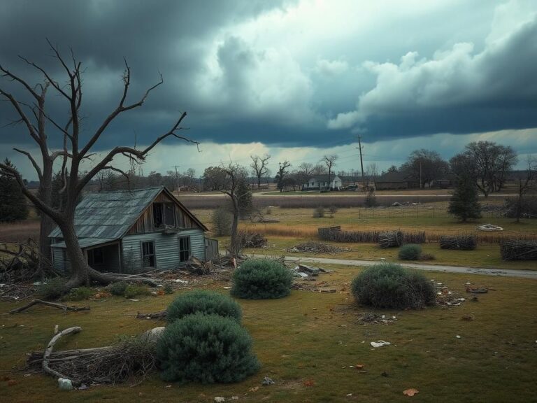 Flick International Devastated Midwest landscape after a tornado, showing damaged home and scattered debris