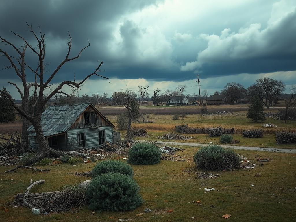 Flick International Devastated Midwest landscape after a tornado, showing damaged home and scattered debris