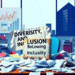 Flick International A chaotic office environment with a torn sign reading 'Diversity, Equity, and Inclusion' being replaced by a box labeled 'Belonging and Inclusivity'