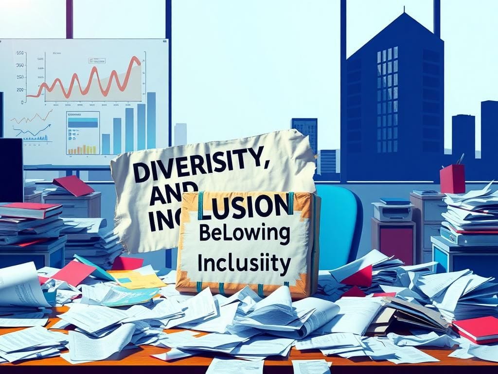 Flick International A chaotic office environment with a torn sign reading 'Diversity, Equity, and Inclusion' being replaced by a box labeled 'Belonging and Inclusivity'