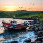 Flick International A serene coastal landscape at dawn featuring a colorful fishing boat near a rocky shore, symbolizing Maine's fishing heritage.