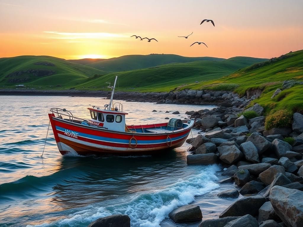 Flick International A serene coastal landscape at dawn featuring a colorful fishing boat near a rocky shore, symbolizing Maine's fishing heritage.