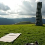 Flick International Abandoned yoga mat and spine sculpture in a grassy field